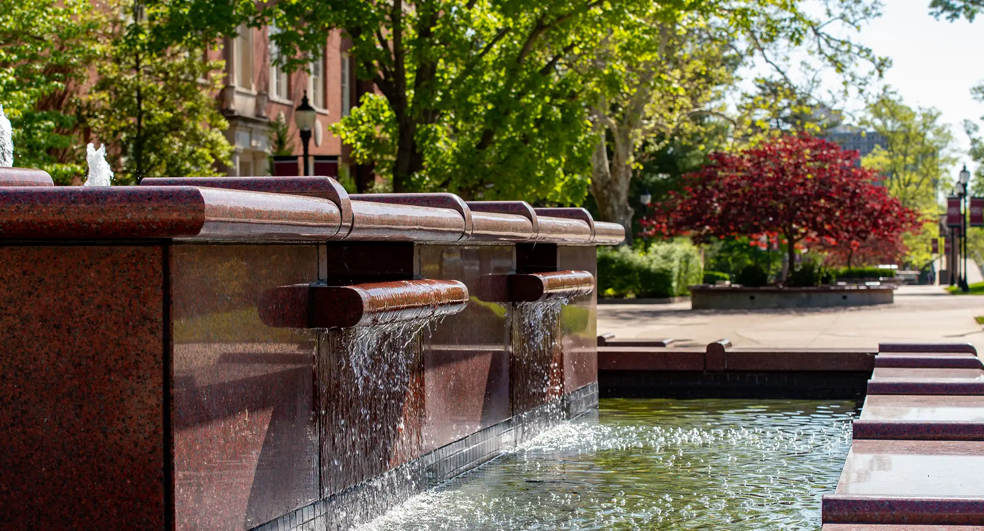 campus water fountain in spring